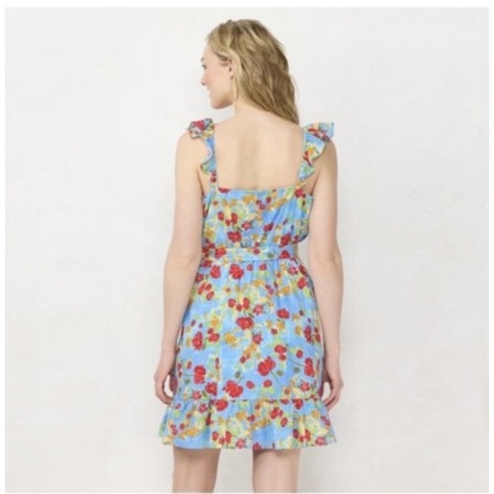 LC Lauren Conrad Summer Picnic Blue Red Floral Faux‎ Wrap Ruffle Dress M EUC - Picture 2 of 16